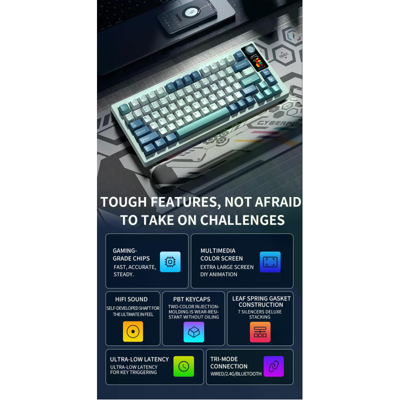 Професійна механічна клавіатура Langtu LT75 Pro (75%): Tri-Mode, Hot-Swap, LCD-дисплей (М'ятна)
