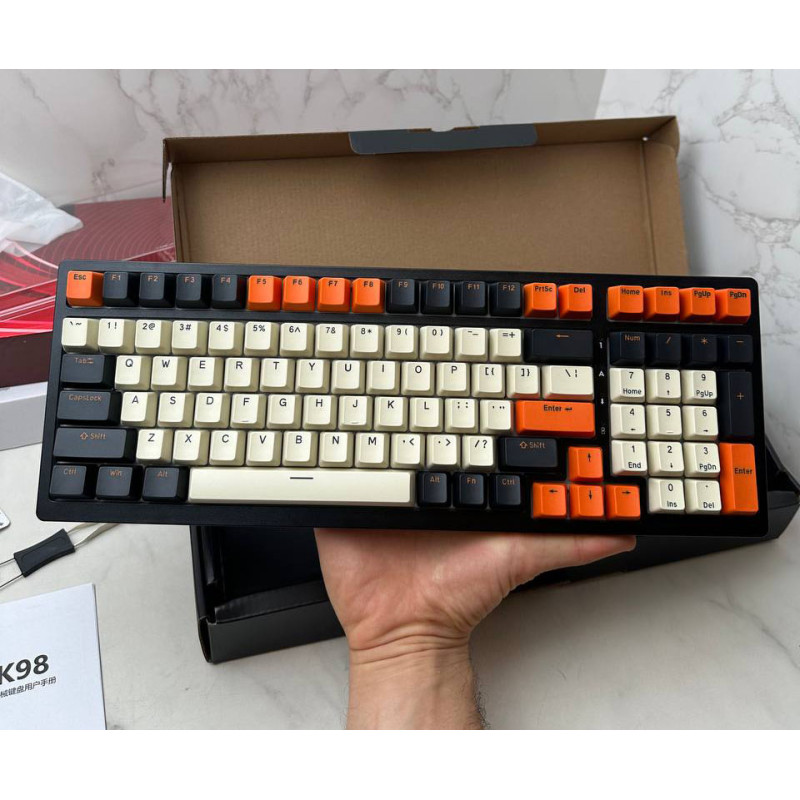 Royal Kludge RK98 Карбон – Бездротова Механічна Клавіатура (100 Клавіш, Tri-mode, Hot-Swap, Сині Свічі). (Помаранчево-сіра)