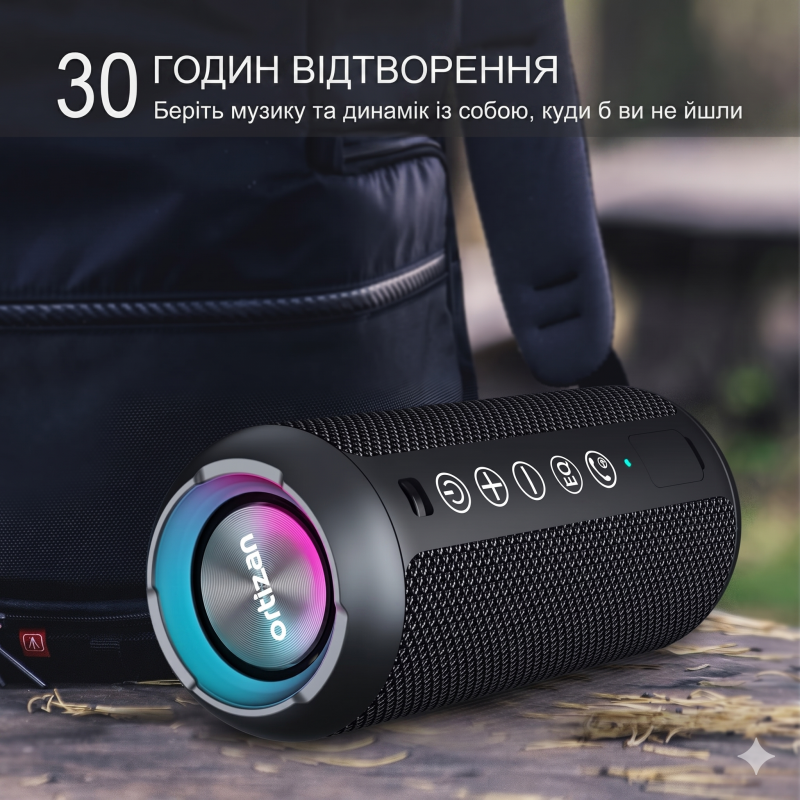 Портативна Bluetooth-колонка Ortizan X10 Black (IPX7, до 30 год, RGB, AUX, TF). Чорний