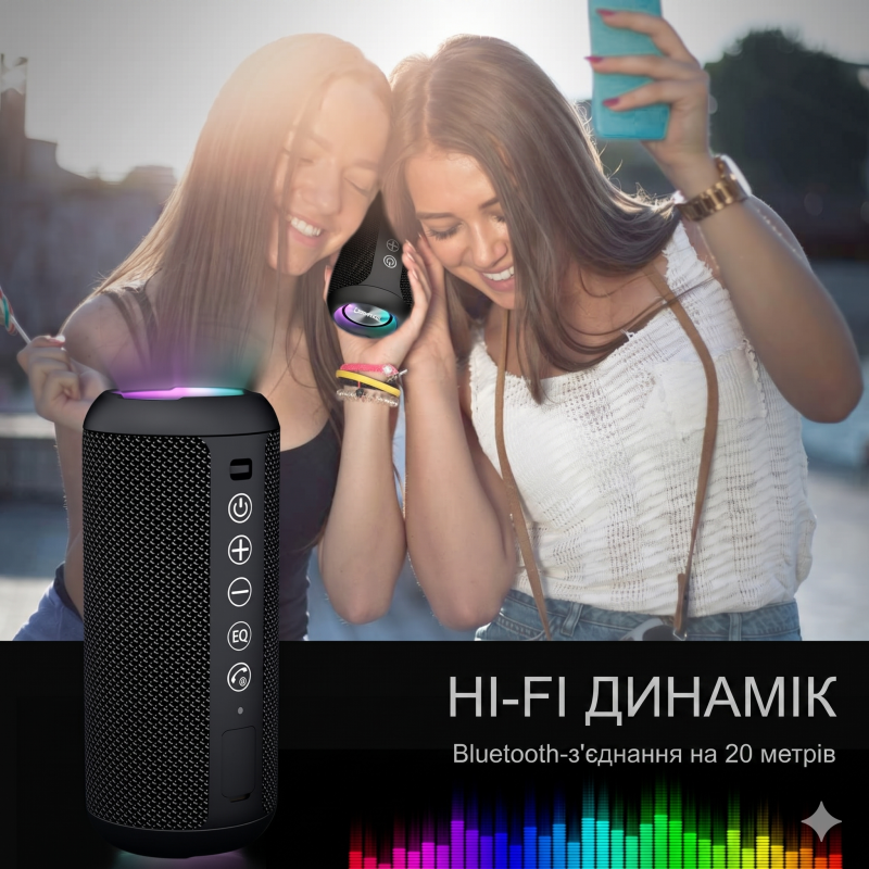 Портативна Bluetooth-колонка Ortizan X10 Black (IPX7, до 30 год, RGB, AUX, TF). Чорний