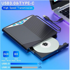 Зовнішній CD/DVD рекордер 7-в-1: USB 3.0, Type-C, SD/TF та USB-хаб. (Чорний)