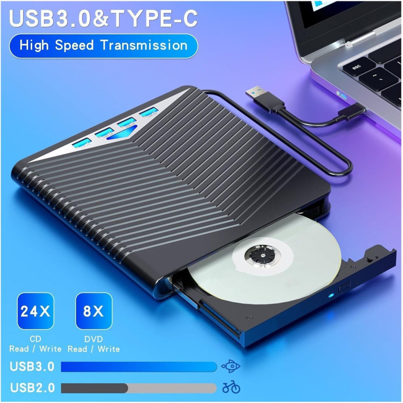 Зовнішній CD/DVD рекордер 7-в-1: USB 3.0, Type-C, SD/TF та USB-хаб. (Чорний)
