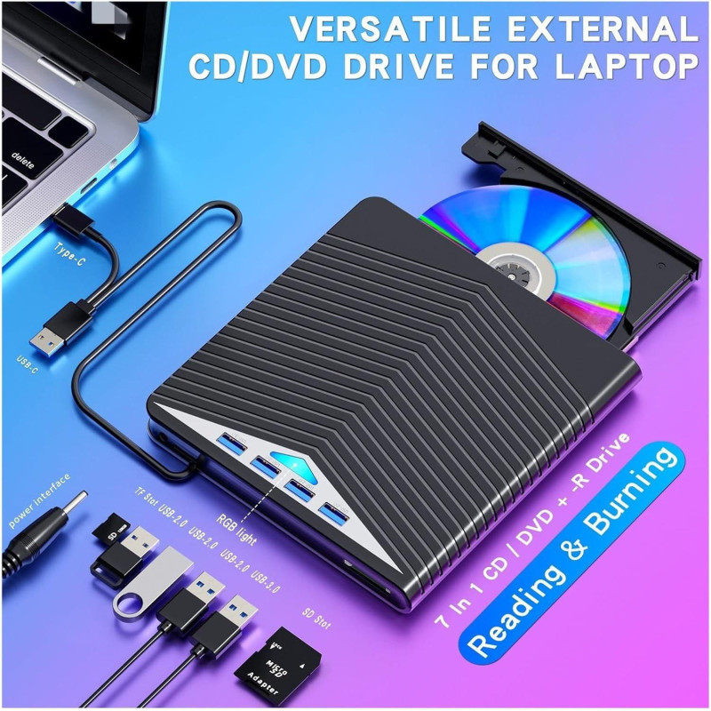 Зовнішній CD/DVD рекордер 7-в-1: USB 3.0, Type-C, SD/TF та USB-хаб. (Чорний)