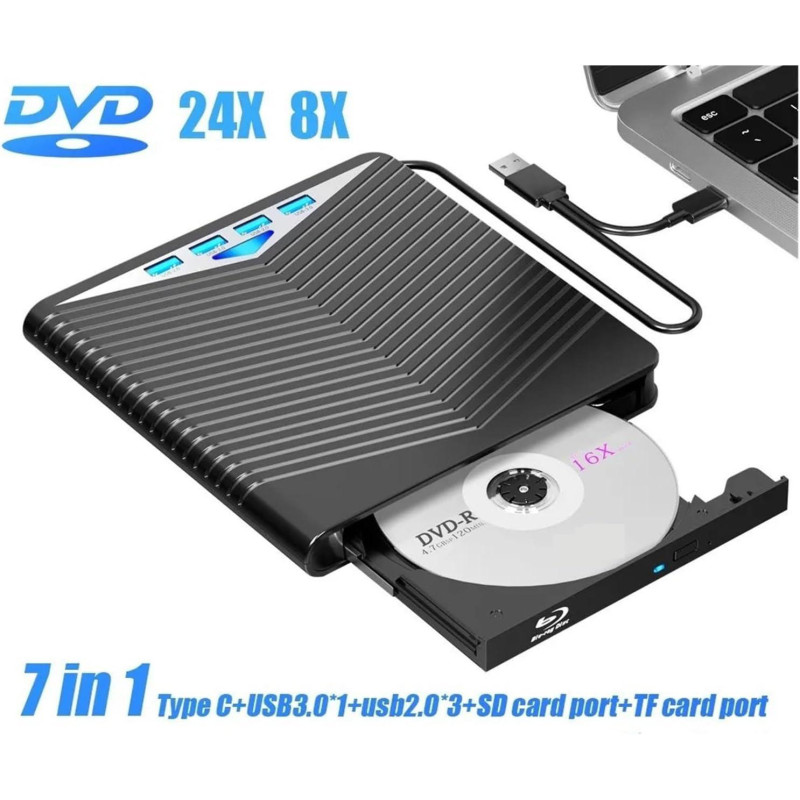 Зовнішній CD/DVD рекордер 7-в-1: USB 3.0, Type-C, SD/TF та USB-хаб. (Чорний)