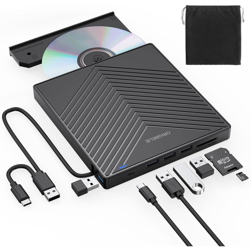 Зовнішній CD/DVD привід Origbelie: USB 3.0, Type-C та картридер TF/SD. (Чорний)