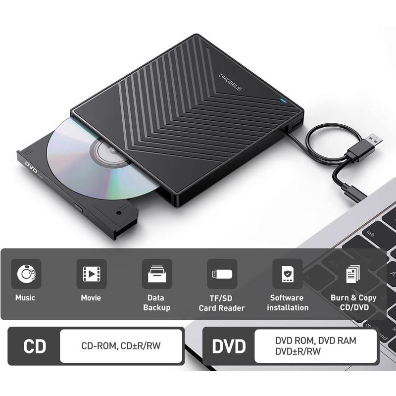 Зовнішній CD/DVD привід Origbelie: USB 3.0, Type-C та картридер TF/SD. (Чорний)
