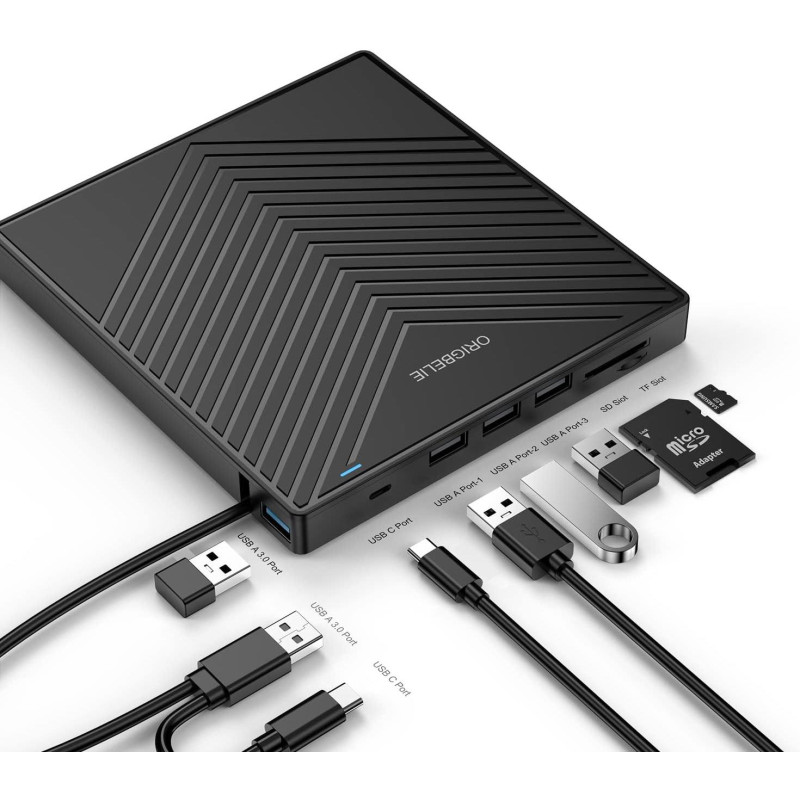 Зовнішній CD/DVD привід Origbelie: USB 3.0, Type-C та картридер TF/SD. (Чорний)