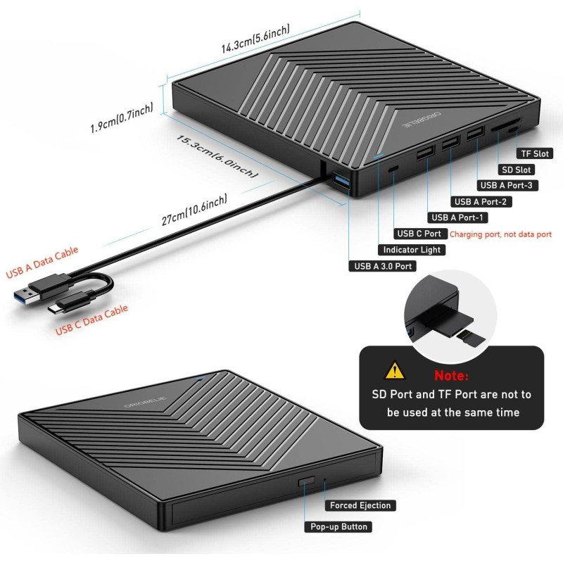 Зовнішній CD/DVD привід Origbelie: USB 3.0, Type-C та картридер TF/SD. (Чорний)