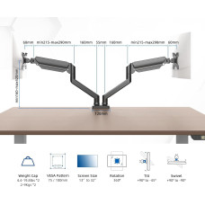 Подвійне Кріплення Grifema з Газовою Пружиною: Для 2 Моніторів 13''-32''. (Чорний)