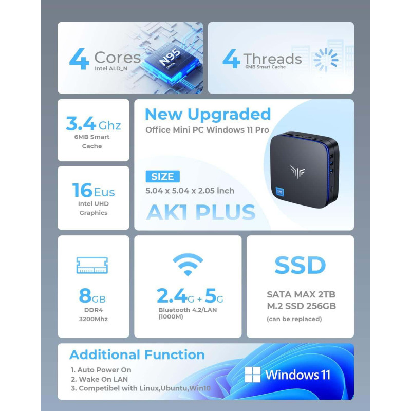 Міні ПК NiPoGi AK1 Plus: Intel N95, 8GB DDR4, 256GB SSD, 4K UHD