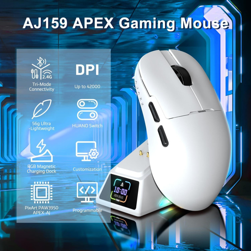Ігрова миша Ajazz AJ159 Apex 8K: 56г, PixArt PAW3950 (42K DPI), Док-станція з Екраном, Huano 100M. (Білий)