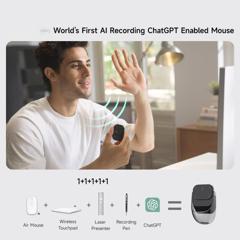 Cheerdots2: Air Mouse Bluetooth 5-в-1 з мікрофоном AI/ChatGPT, Лазерна указка, для презентацій. (Сірий)