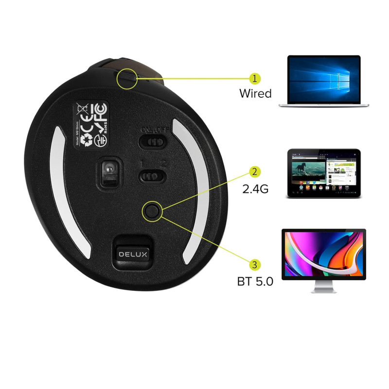 Бездротова Вертикальна Миша DELUX: Ергономічна, Dual-Mode (2.4G + Bluetooth), 4000 DPI. (Коричнева)