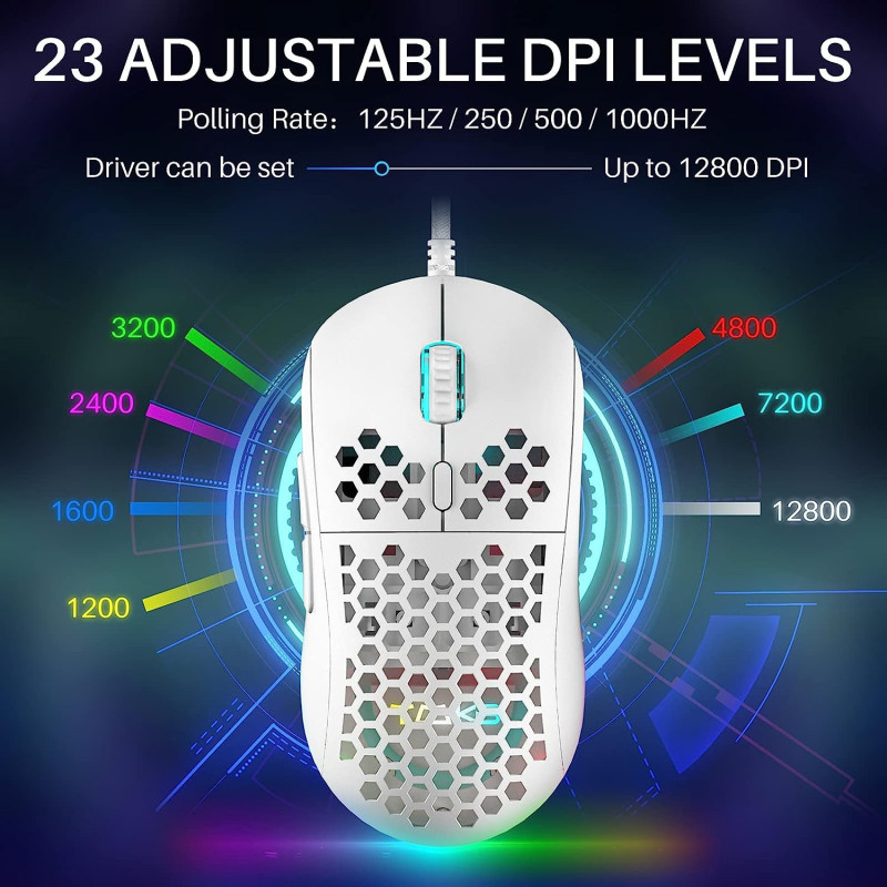 Ігрова миша DIERYA Ultra-Light 75g : Ергономічна, RGB, 12800 DPI, 6 програмованих кнопок. (Білий)