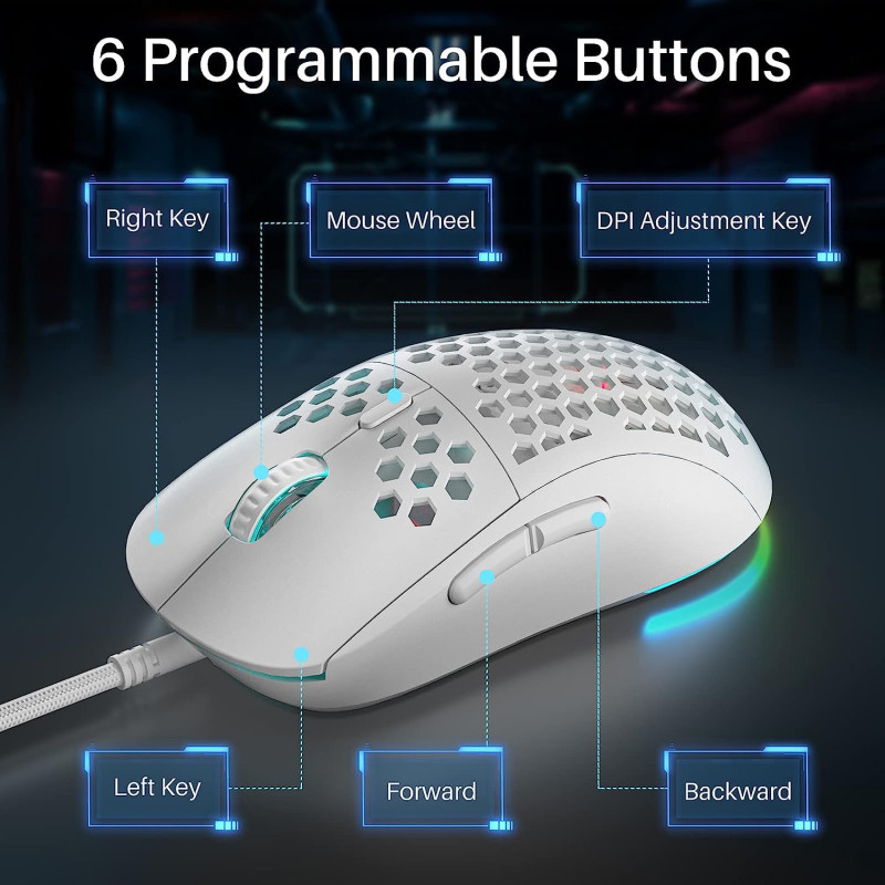 Ігрова миша DIERYA Ultra-Light 75g : Ергономічна, RGB, 12800 DPI, 6 програмованих кнопок. (Білий)
