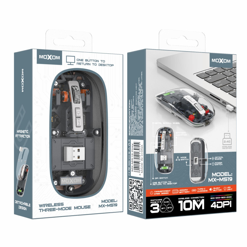 Бездротова офісна миша Moxom MS19 2.4G + Bluetooth, безшумний клік, 4-рівневий DPI. (Сірий)