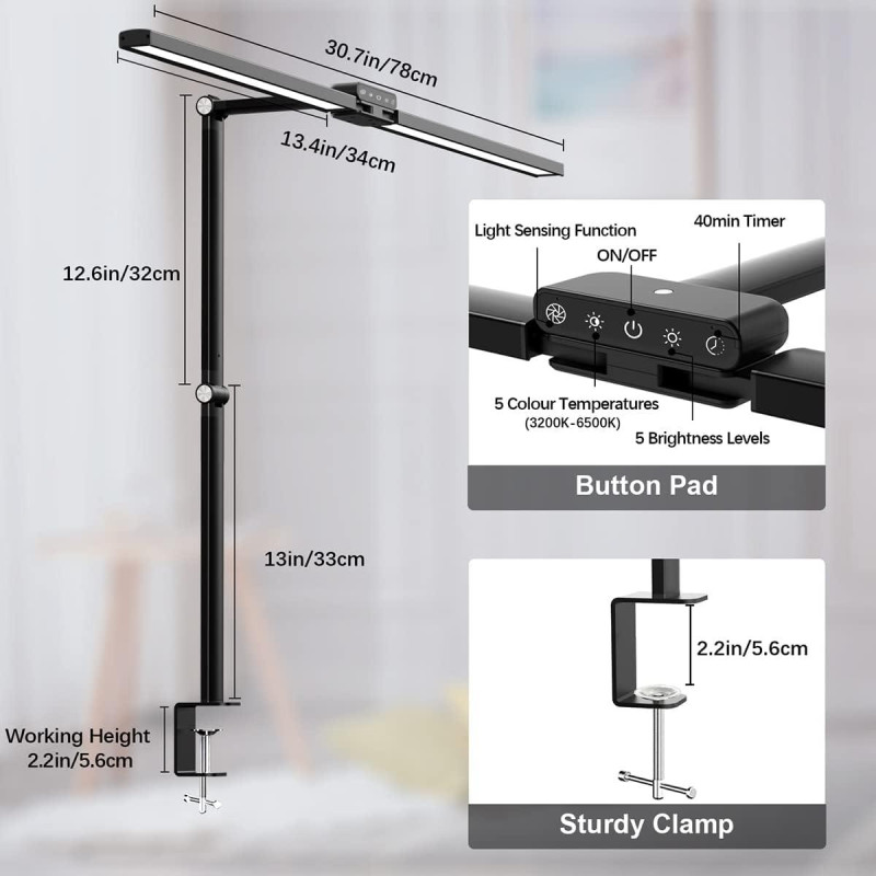 Професійна Настільна Лампа Bravzurg 24W: Затискач, Подвійна Головка 78 см, Датчик Світла, 5 Колірних Режимів. (Чорний)