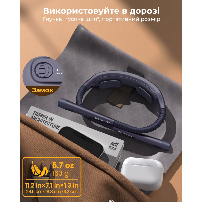 Світлодіодна лампа на шию Glocusent (1600 mAh, 3 кольори, 5 рівнів яскравості). Темно-Синя