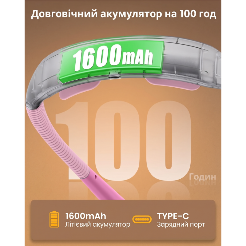 Світлодіодна лампа на шию Glocusent (1600 mAh, 3 кольори, 5 рівнів яскравості). Рожева