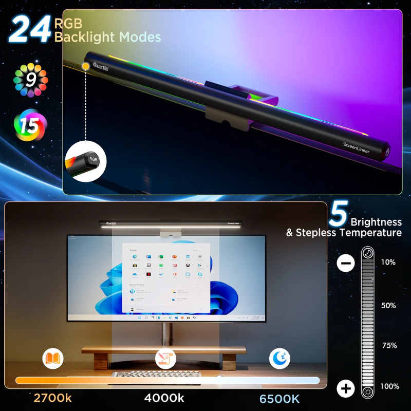 Моніторна Лампа Quntis Monitor Light Bar IM RGB Eye-Care: Подвійне Освітлення, 40 см. (Чорний)