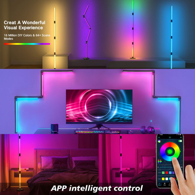 Кутовий RGB-торшер Quntis (171 см): 64 режими сцени, дистанційне керування (Чорний)