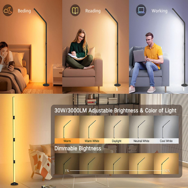 Кутовий RGB-торшер Quntis (171 см): 64 режими сцени, дистанційне керування (Чорний)
