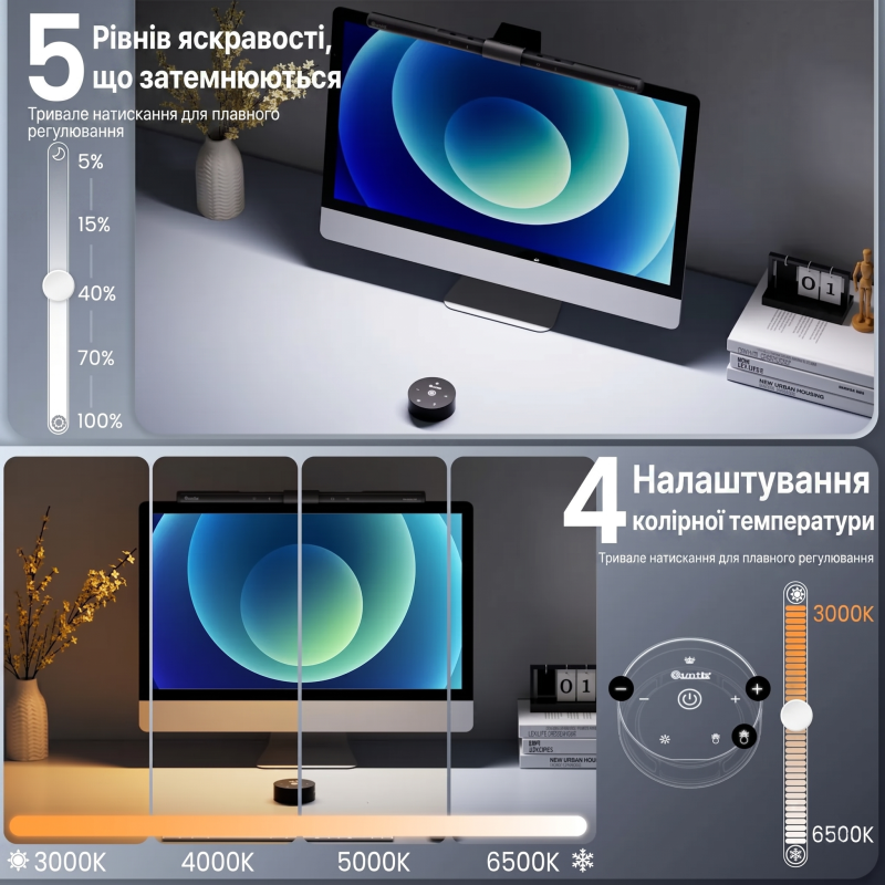 Світлодіодна Лампа Quntis Monitor Light Bar для Монітора 41 см: 5W, Бездротовий Пульт ДК та сенсорне на лампі, CRI 95, Захист Очей. (Сірий)