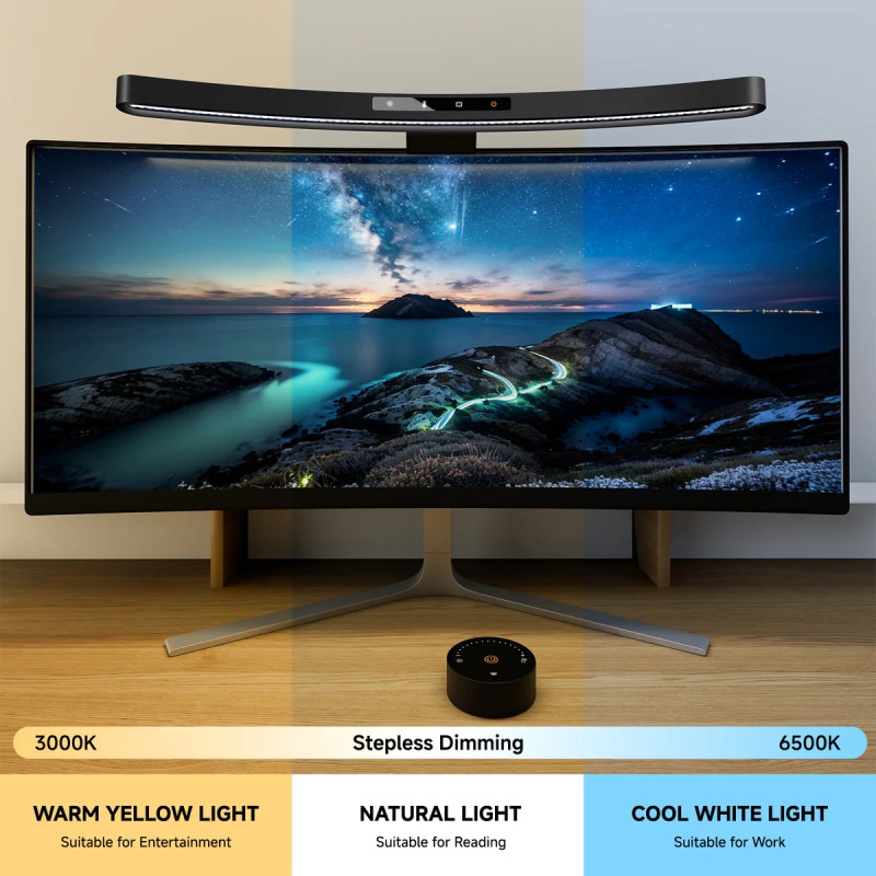 Вигнута лампа для монітора Quntis 45 см: RGB-підсвітка, пульт ДК та автозатемнення. Чорна