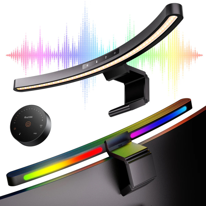 Вигнута лампа для монітора Quntis 45 см RGB: Беграунд-підсвітка, пульт ДК та автозатемнення. Чорна