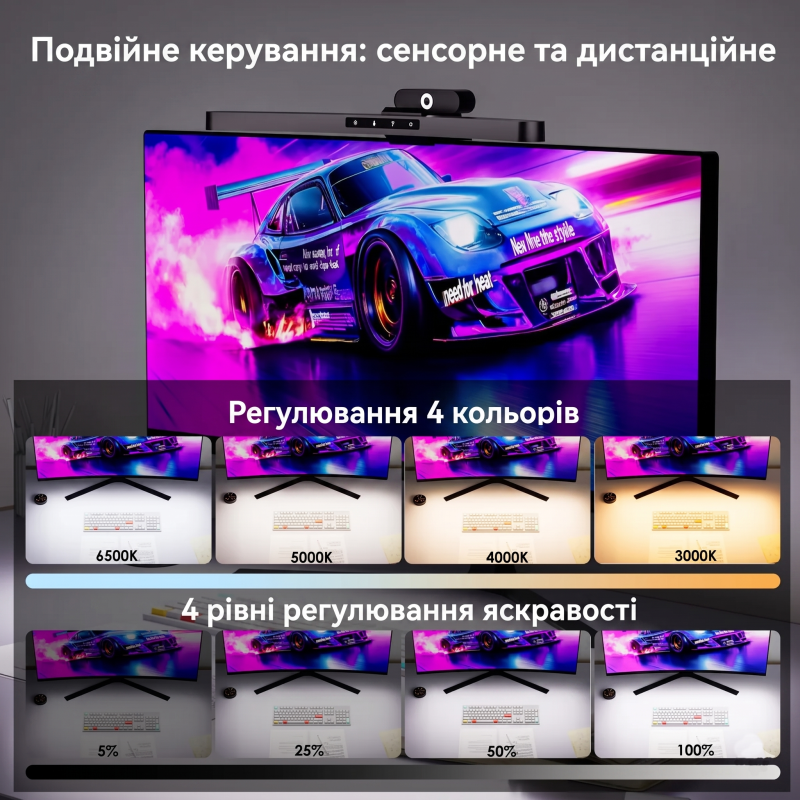 Вигнута лампа для монітора Quntis 45 см RGB: Беграунд-підсвітка, пульт ДК та автозатемнення. Чорна