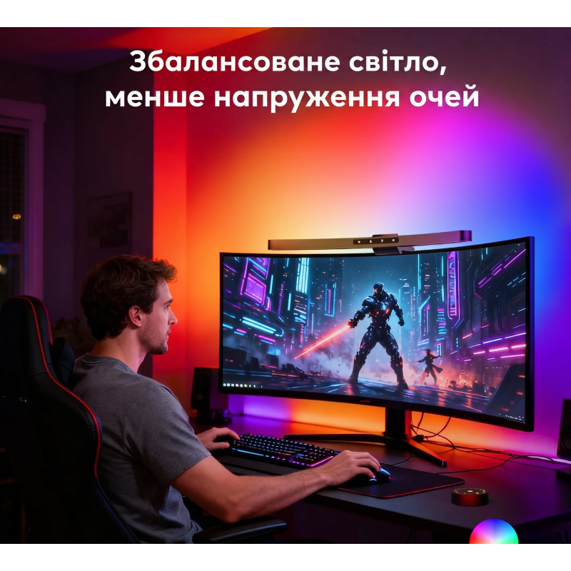 Вигнута лампа для монітора Quntis 45 см RGB: Беграунд-підсвітка, пульт ДК та автозатемнення. Чорна