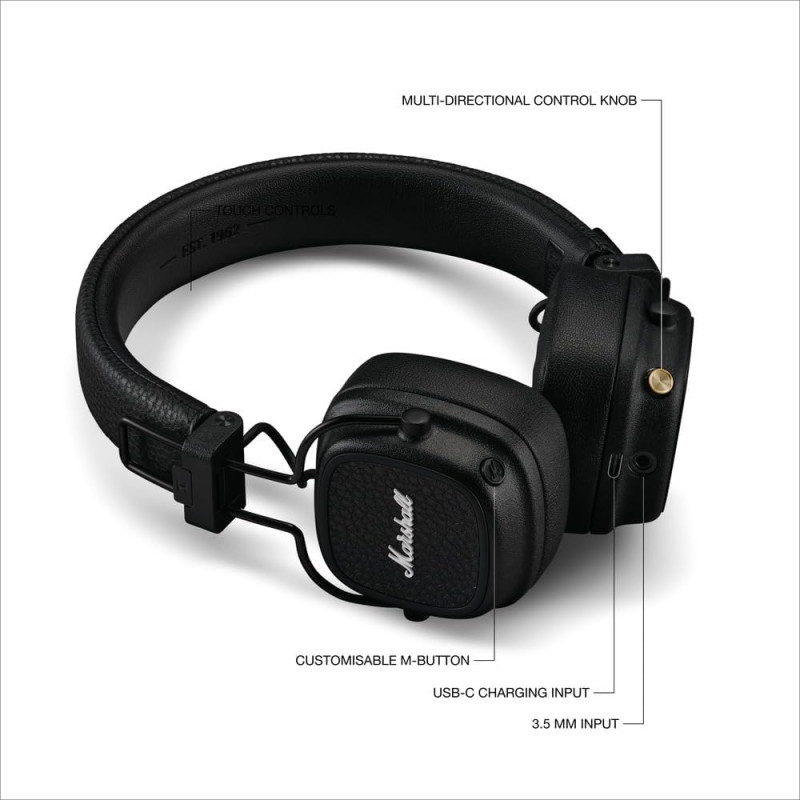 Бездротові Bluetooth Навушники Marshall Major V: До 100 Годин Легендарного Звуку. (Чорний)