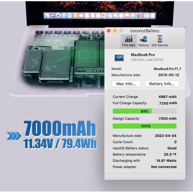 Акумулятор SNSYIY A1493 (7000 мА·год) для MacBook Pro Retina 13" (A1502, A1582). (Чорний)