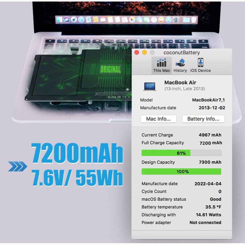Змінний Акумулятор SNSYIY A1496 для MacBook Air 13" (A1377, A1405): 7200 мА·год. (Чорний)
