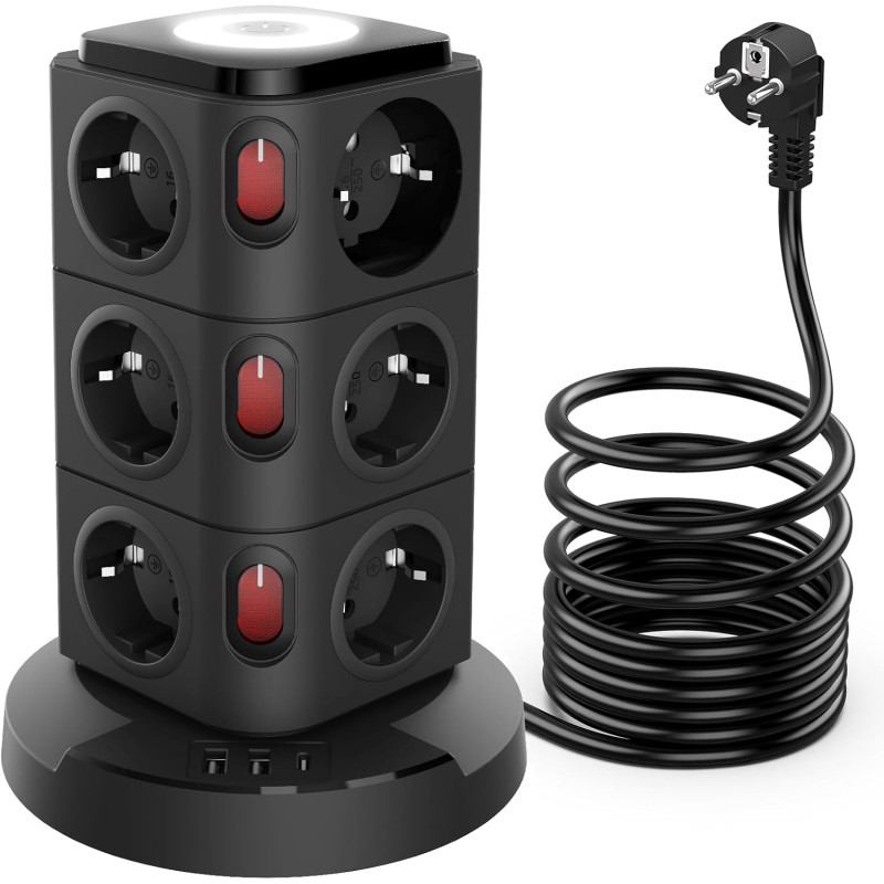Мережевий подовжувач-башта Acodot на 12 розеток (3 м, 2xUSB-A, 1xUSB-C, Захист від перенапруги) Чорний