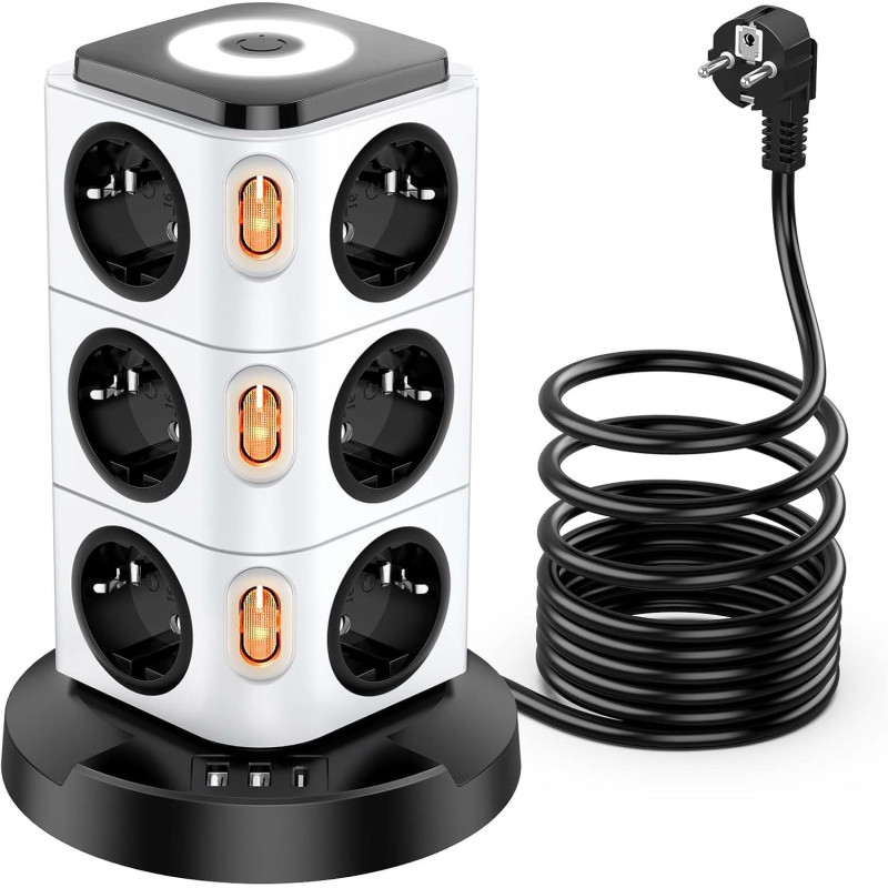 Мережевий подовжувач-башта Acodot на 12 розеток (3 м, 2xUSB-A, 1xUSB-C, Захист від перенапруги) Білий