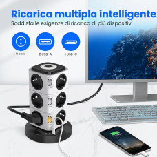 Мережевий подовжувач-башта Acodot на 12 розеток (3 м, 2xUSB-A, 1xUSB-C, Захист від перенапруги) Білий