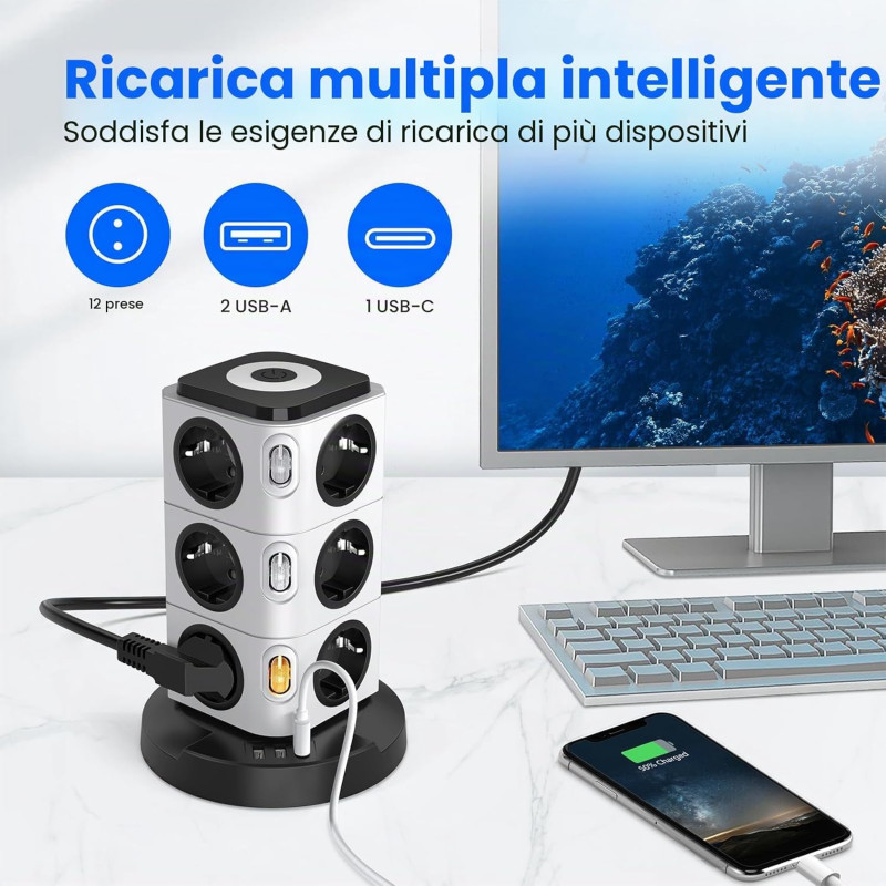 Мережевий подовжувач-башта Acodot на 12 розеток (3 м, 2xUSB-A, 1xUSB-C, Захист від перенапруги) Білий