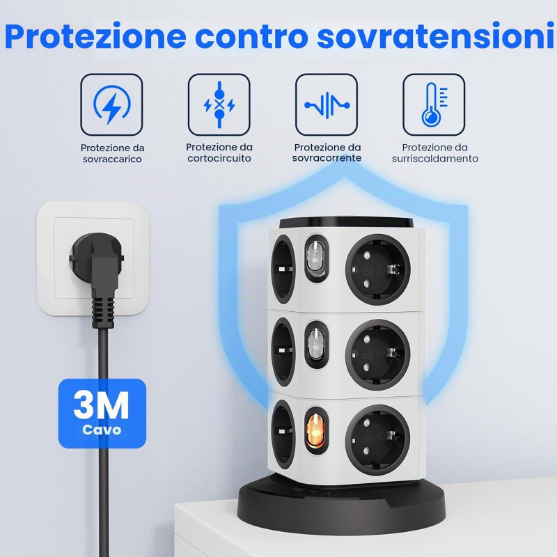 Мережевий подовжувач-башта Acodot на 12 розеток (3 м, 2xUSB-A, 1xUSB-C, Захист від перенапруги) Білий
