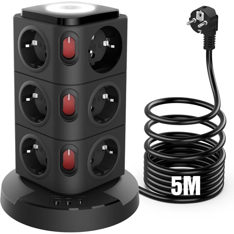 Мережевий подовжувач-башта Acodot на 12 розеток (5 м, 2xUSB-A, 1xUSB-C, Захист від перенапруги) Чорний