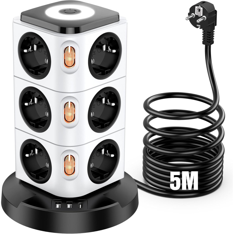 Мережевий подовжувач-башта Acodot на 12 розеток (5 м, 2xUSB-A, 1xUSB-C, Захист від перенапруги) Білий