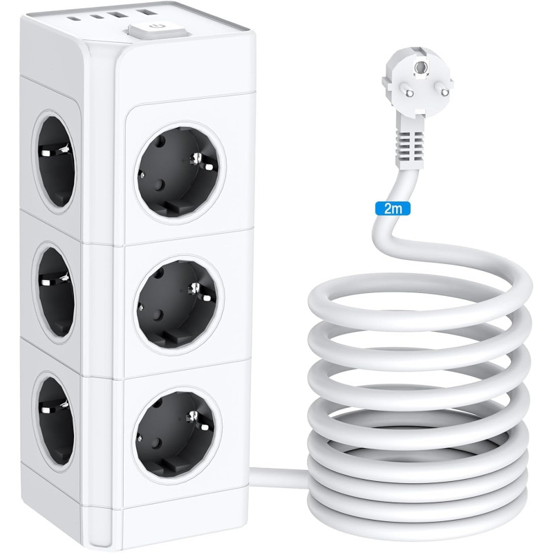 Мережевий подовжувач-башта Heqishun 12 in 1 (3680W, 16A, 2m, 2xUSB-A, 2xUSB-C). Білий