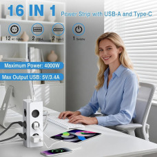 Мережевий подовжувач-башта Heqishun 12 in 1 (3680W, 16A, 2m, 2xUSB-A, 2xUSB-C). Білий