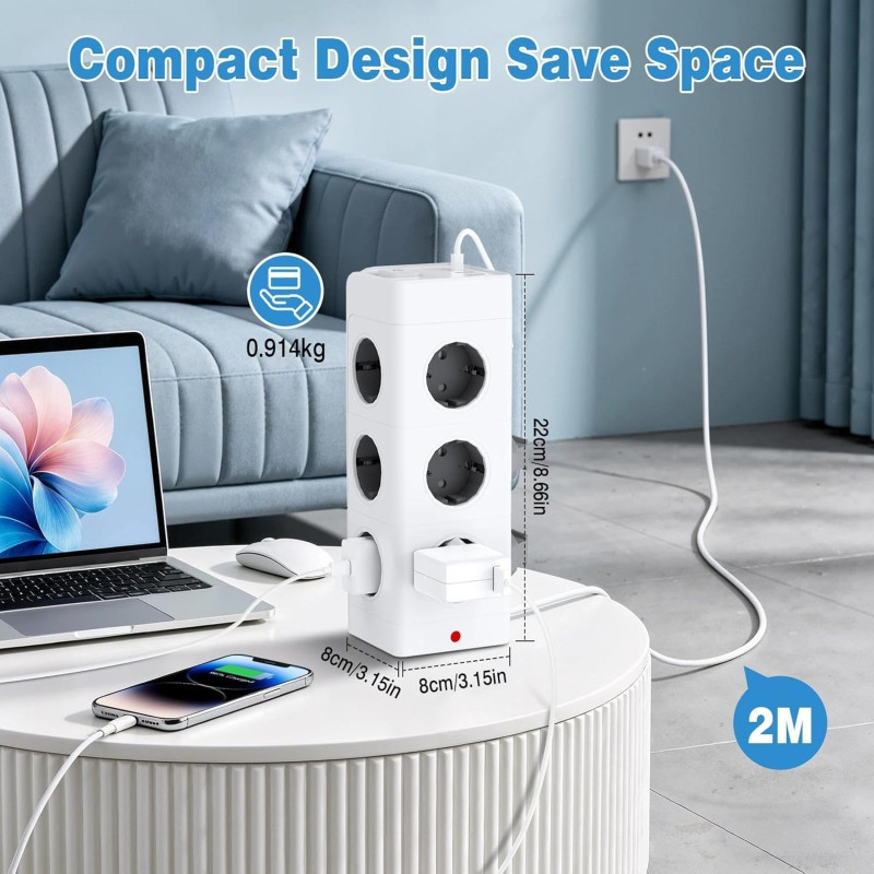 Мережевий подовжувач-башта Heqishun 12 in 1 (3680W, 16A, 2m, 2xUSB-A, 2xUSB-C). Білий