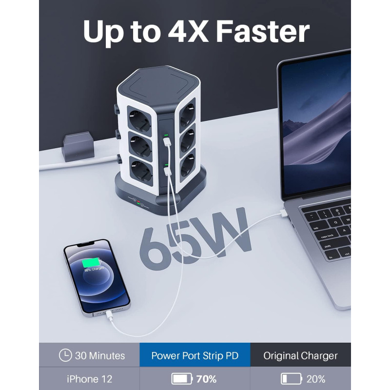 Мережевий Фільтр Koosla Tower: 12 Розеток, Швидка Зарядка 65 Вт PD 3.0/PPS + 3x USB-A. Кабель 2 м. (Сірий)