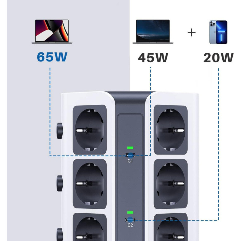 Мережевий Фільтр Koosla Tower: 12 Розеток, Швидка Зарядка 65 Вт PD 3.0/PPS + 3x USB-A. Кабель 2 м. (Сірий)