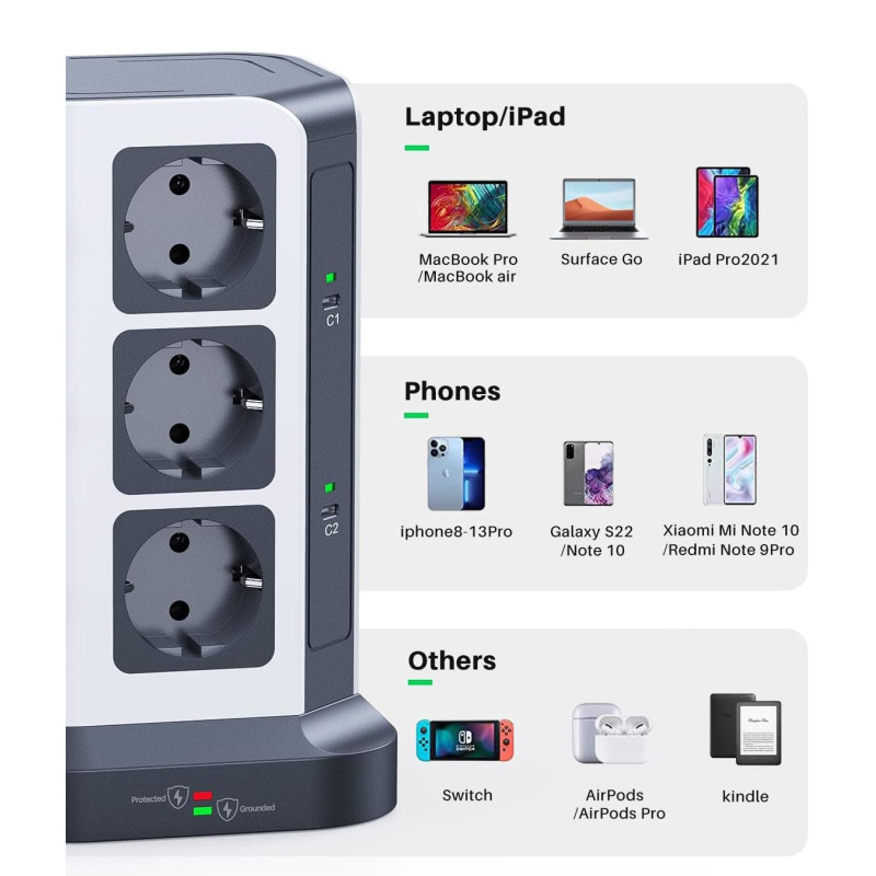 Мережевий Фільтр Koosla Tower: 12 Розеток, Швидка Зарядка 65 Вт PD 3.0/PPS + 3x USB-A. Кабель 2 м. (Сірий)