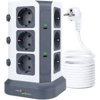 Подовжувач KOOSLA Tower з Бездротовою Зарядкою Qi 15 Вт: 12 Розеток + 6 USB-A. Мережевий Фільтр 4000 Вт, Кабель 2м. (Сірий)