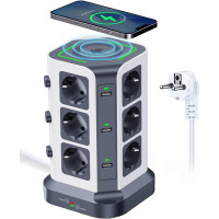 Вертикальний Подовжувач KOOSLA: 12 Розеток + 6x USB-A + QI (15 Вт). Захист від перенапруги 1500 Дж. Кабель 2 м. (Білий)
