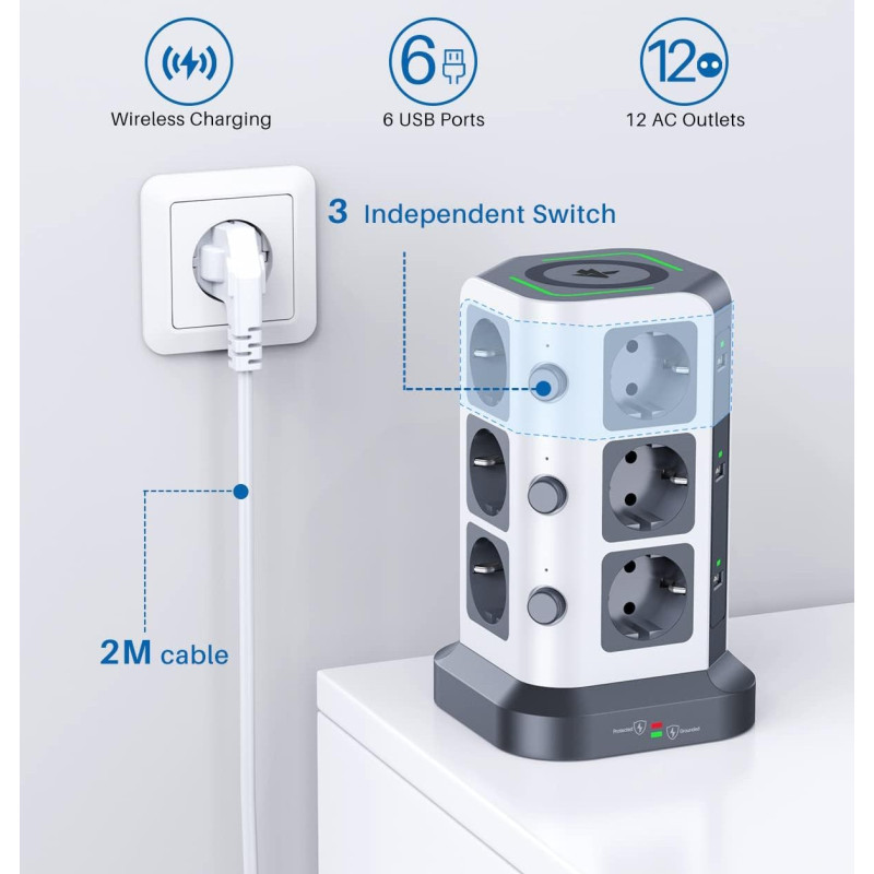 Вертикальний Подовжувач KOOSLA: 12 Розеток + 6x USB-A + QI (15 Вт). Захист від перенапруги 1500 Дж. Кабель 2 м. (Білий)